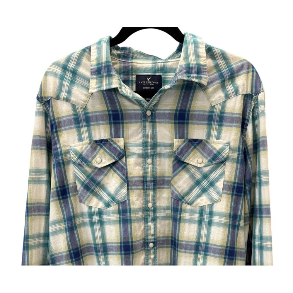 American Eagle Seriously Soft Mens Plaid Western PearlSnap Shirt XL Cowboy Rodeo - Picture 2 of 5
